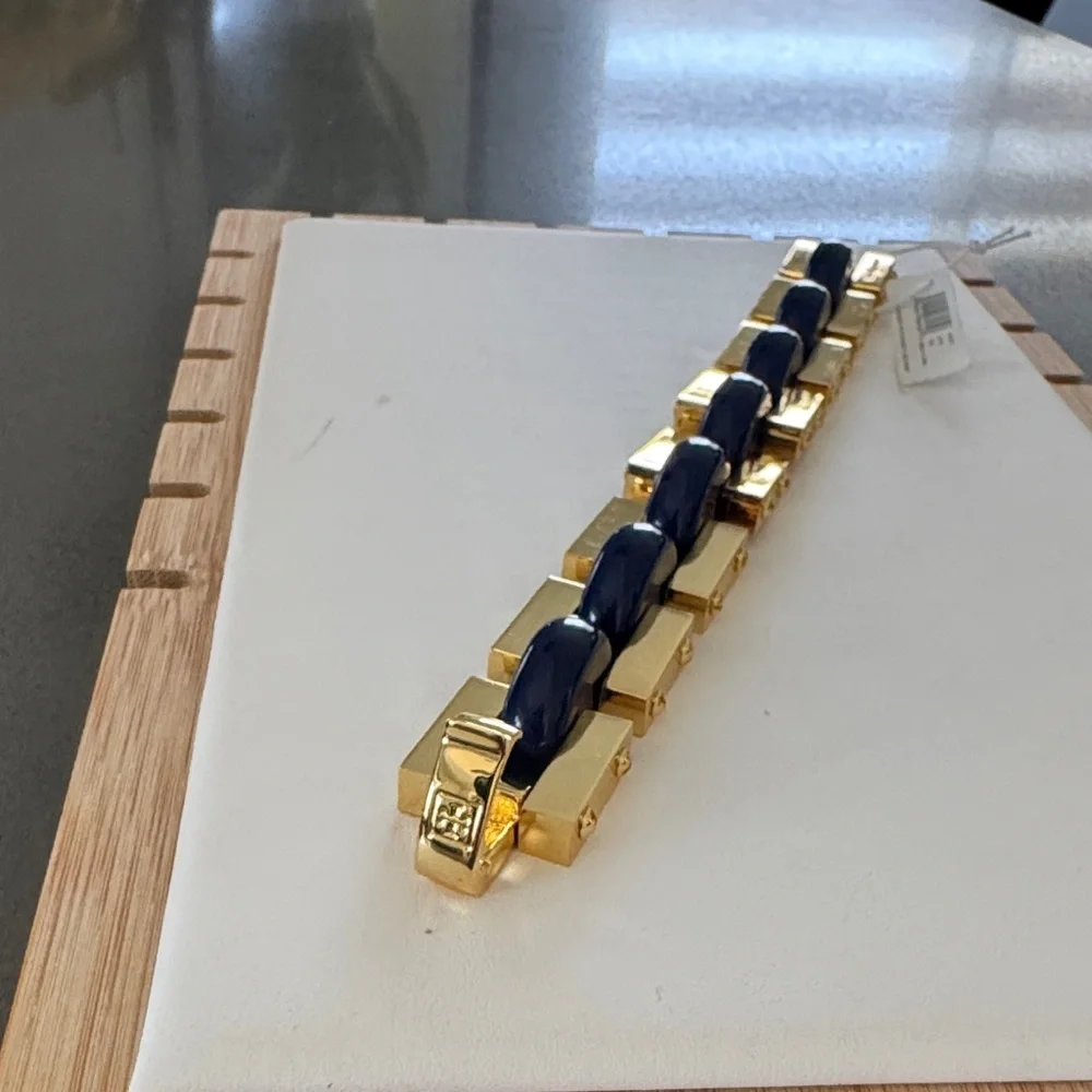 Tory Burch NWT Gold and Blue inlay enamel Chunky Bracelet